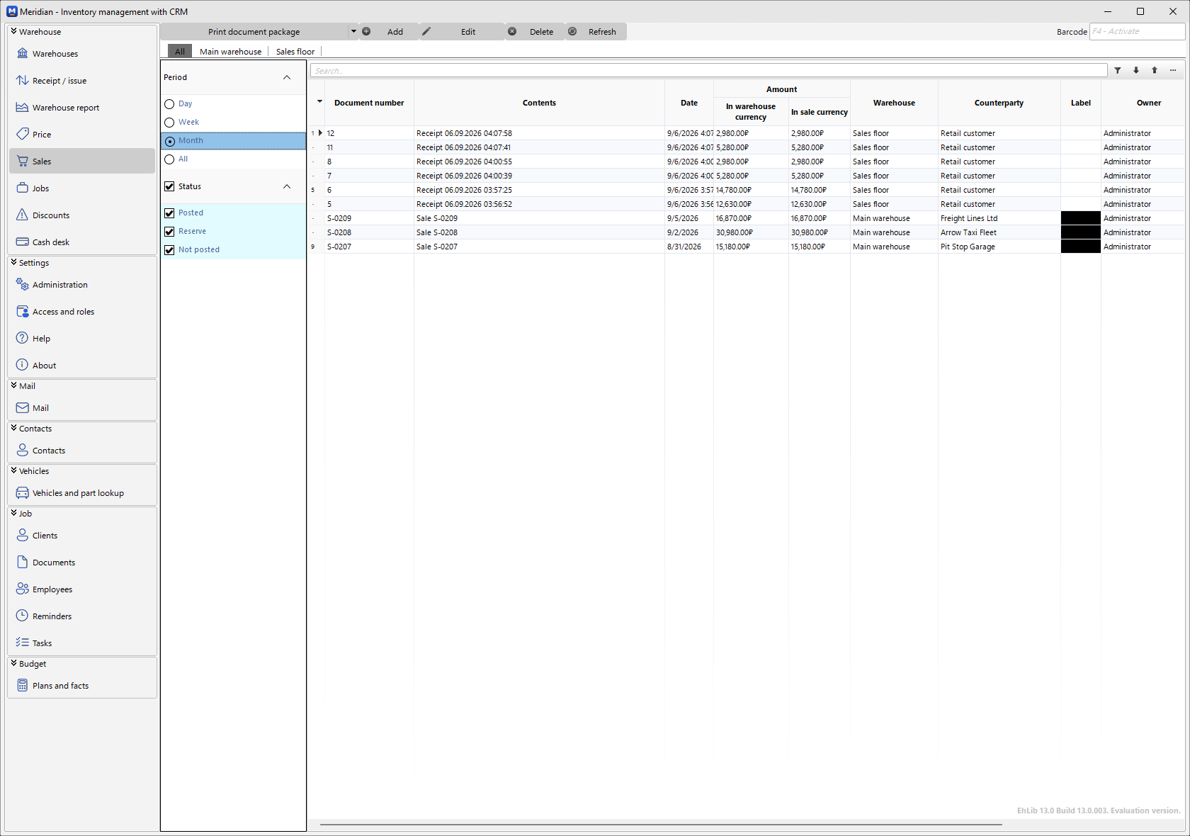Sale document — lines, totals and payment state
