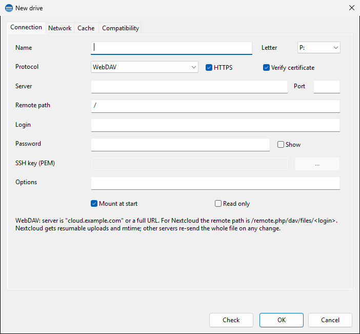 A drive: connection, network, cache and compatibility settings