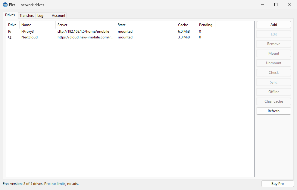 Drives, transfers, the log and the account in one window